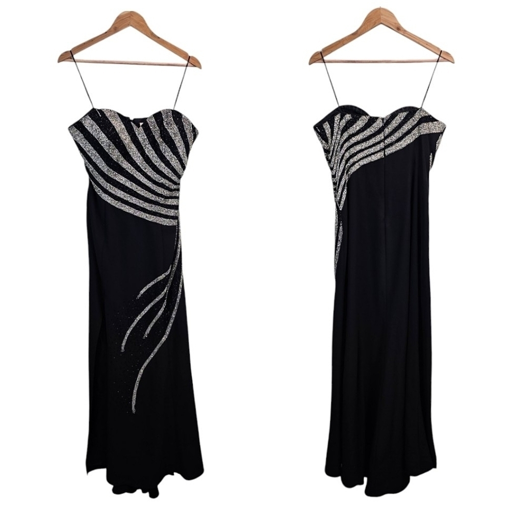 VTG Cassandra Stone Elegant Black Silver Beaded Evening Dress Side Slit Sz 12